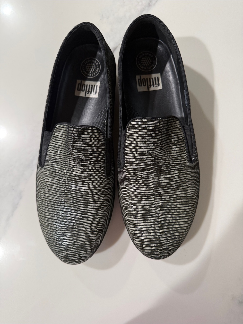 Fitflop Woman's Slip-On Loafers in Black and Green Striped Upper